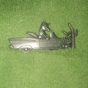 Vtg JJ Jonette Whimsical Coyote Dog Driving Cadillac Cactus Car Crash Pin Brooch